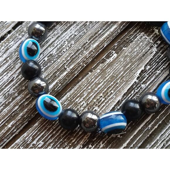 Vintage Black and Blue Glass Bead Bangle Bracelet,  Classic Stacking Bracelets, - Picture 4 of 8